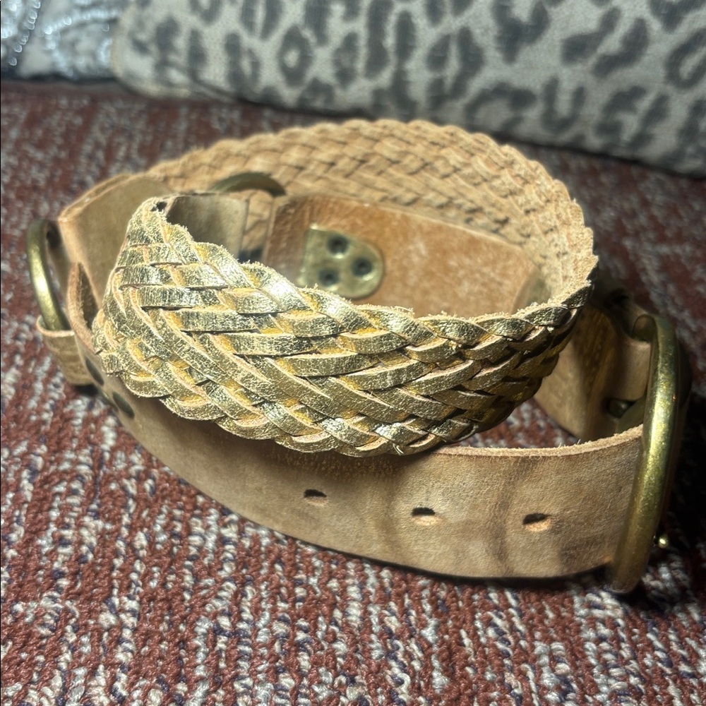 Mixit Tan Leather Belt with Gold Buckle gold metallic braided leather western - Picture 2 of 14